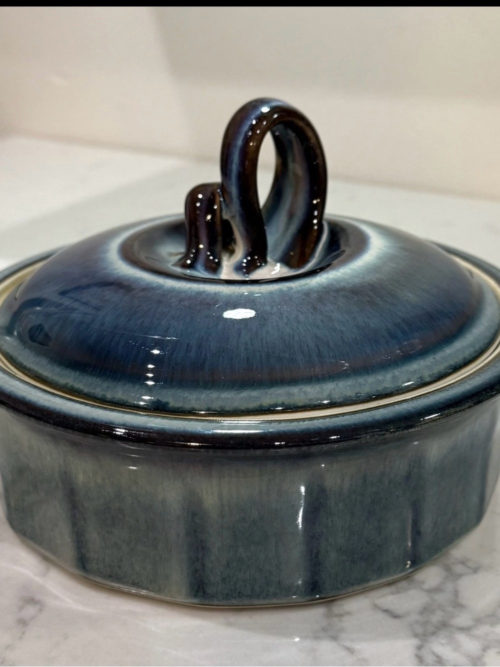 Bill Campbell Studio Pottery Blue Glazed Pottery Casserole Dish with Lid 7.5”